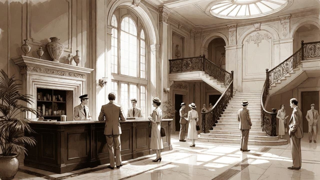 Illustrated sunlit hotel arrival hall with guests and reception desk
