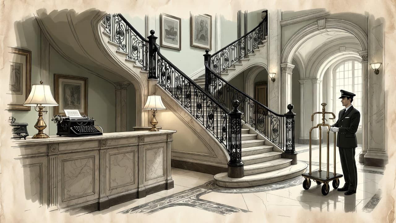 Illustrated hotel front desk with a concierge and sweeping staircase