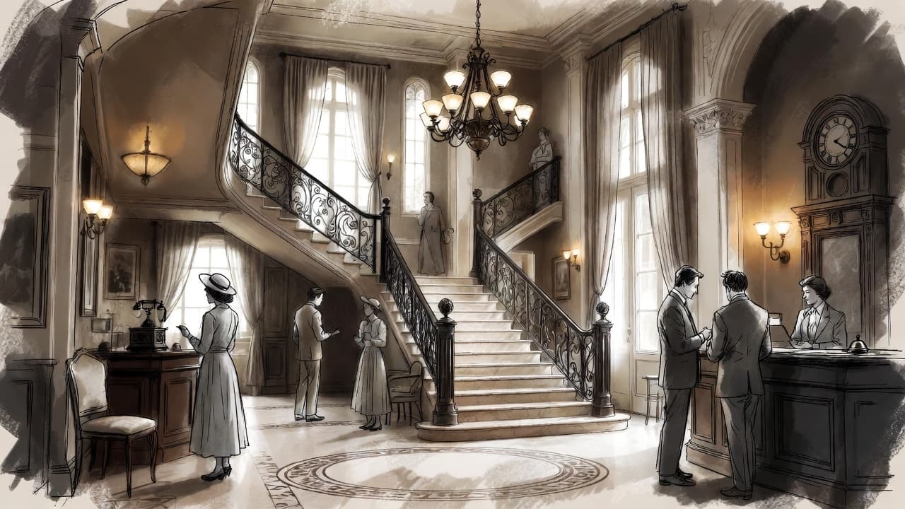 Illustrated grand hotel staircase with guests checking in
