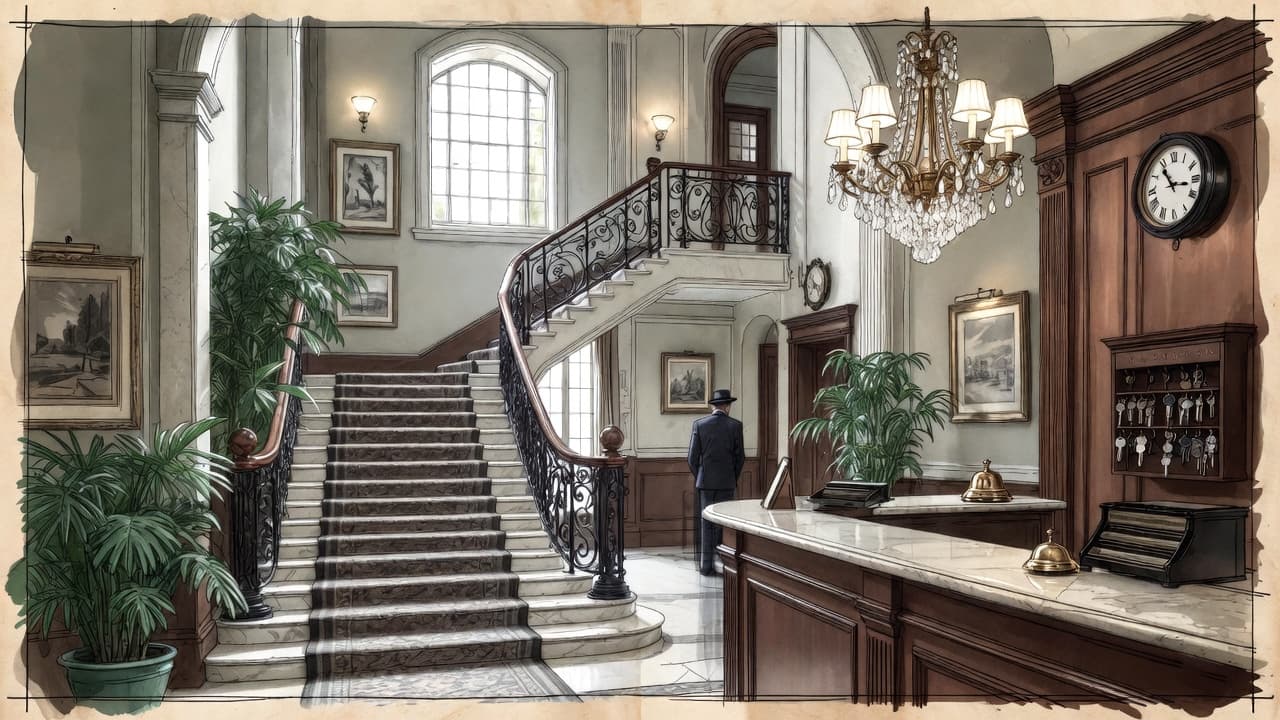 Illustrated hotel lobby with a marble desk, chandelier, plants, and grand staircase
